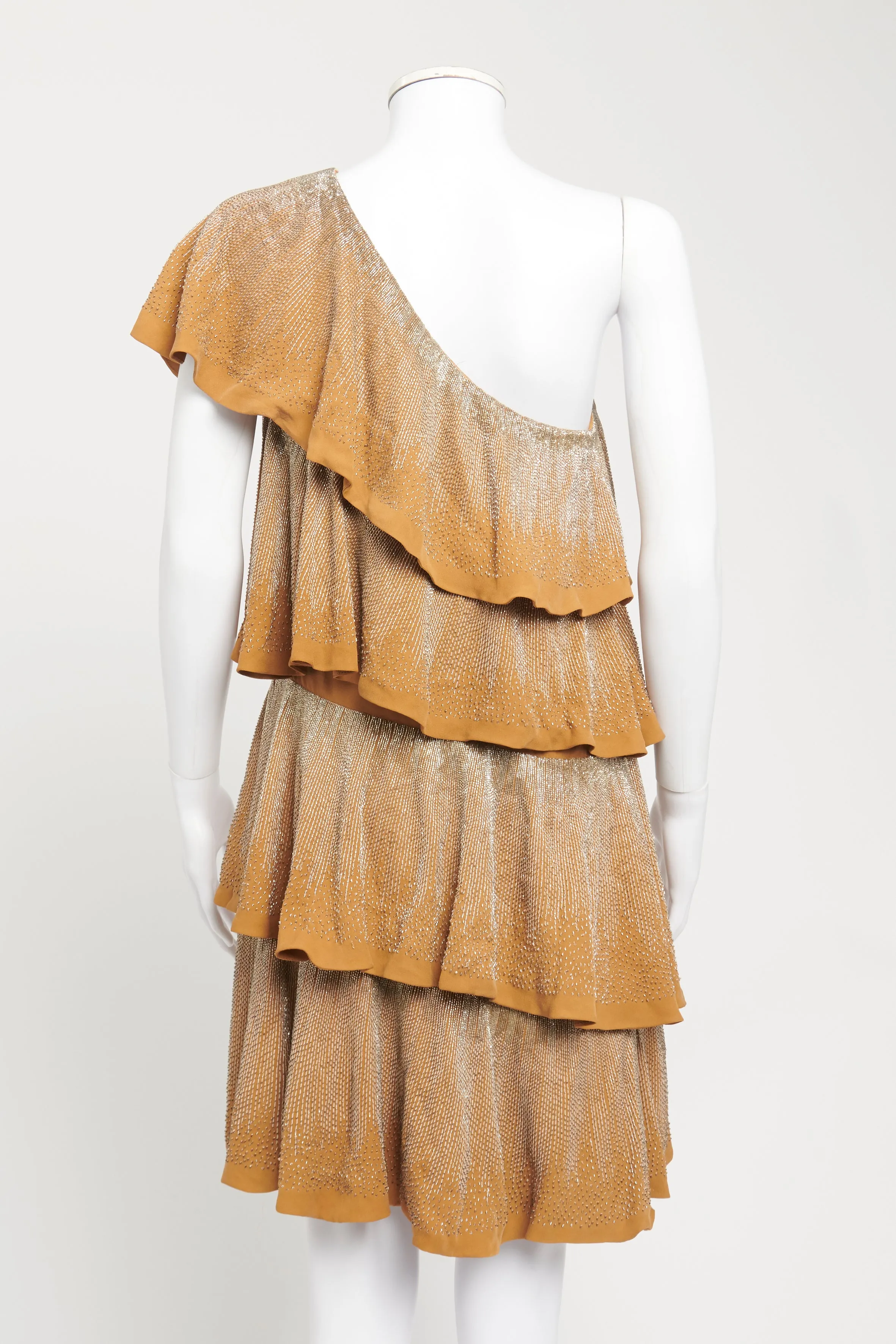 2006 Caramel Silk Beaded One Shoulder Preowned Dress
