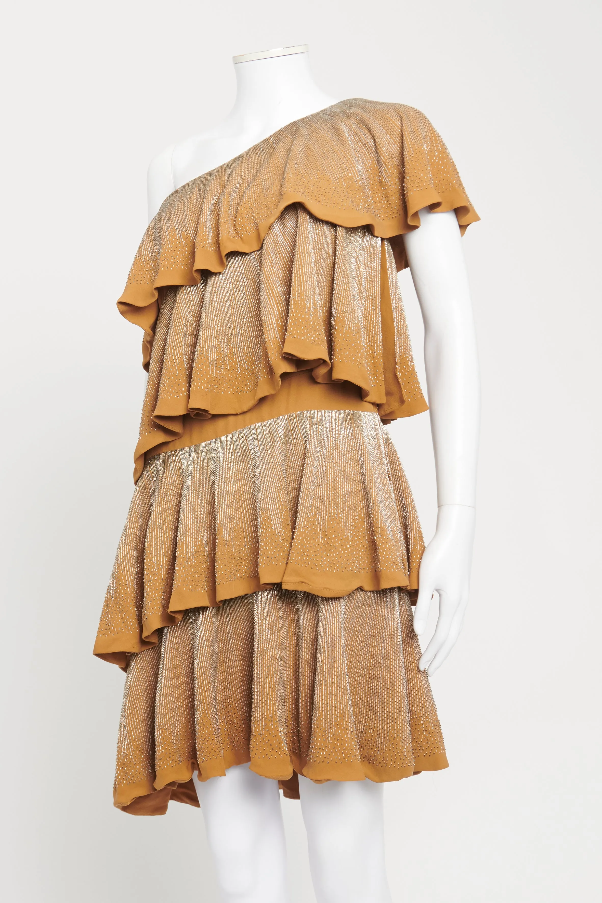 2006 Caramel Silk Beaded One Shoulder Preowned Dress
