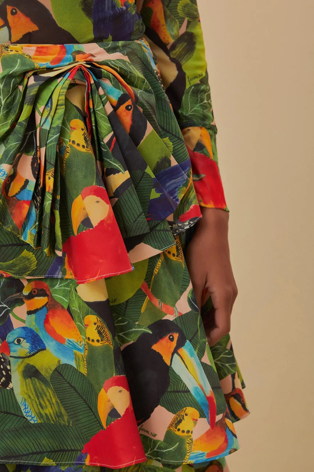 Bird Leaves Sand Tiered Bow Detail Maxi Skirt