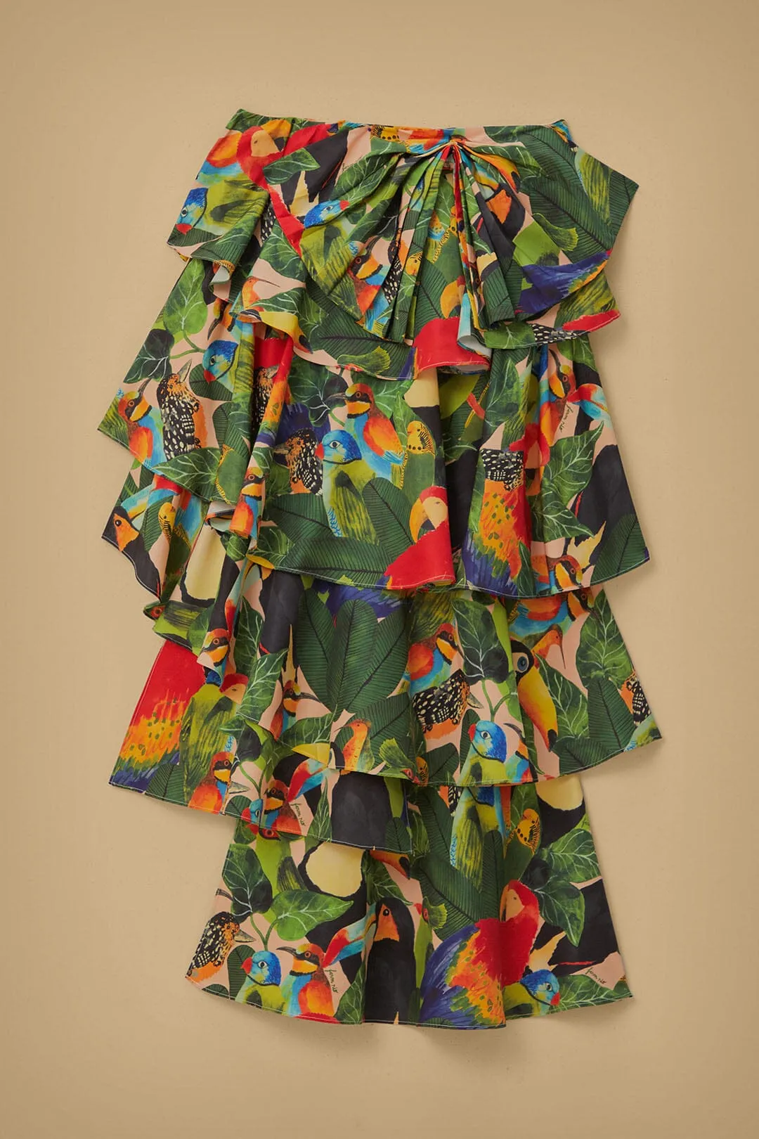 Bird Leaves Sand Tiered Bow Detail Maxi Skirt