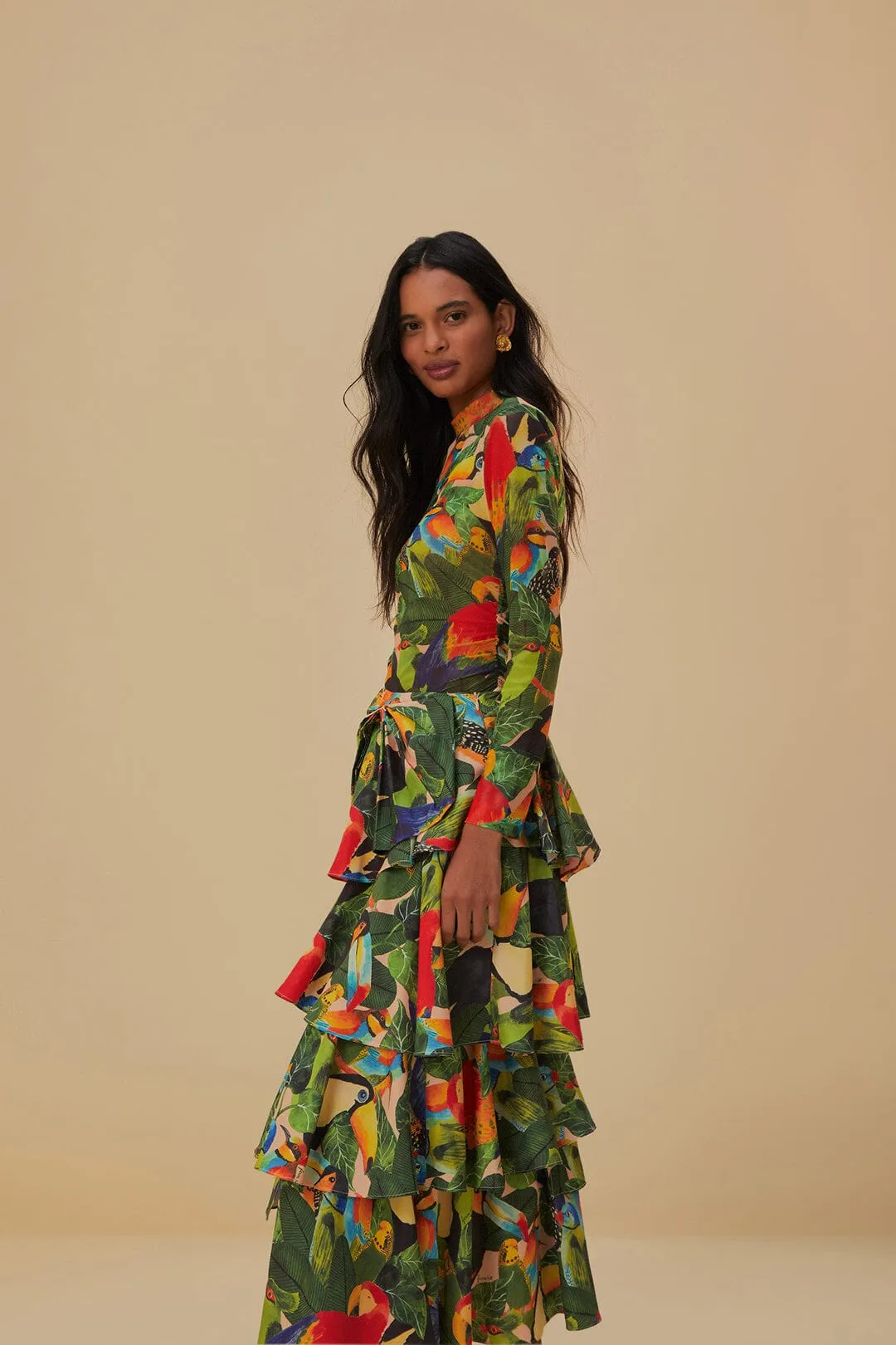 Bird Leaves Sand Tiered Bow Detail Maxi Skirt