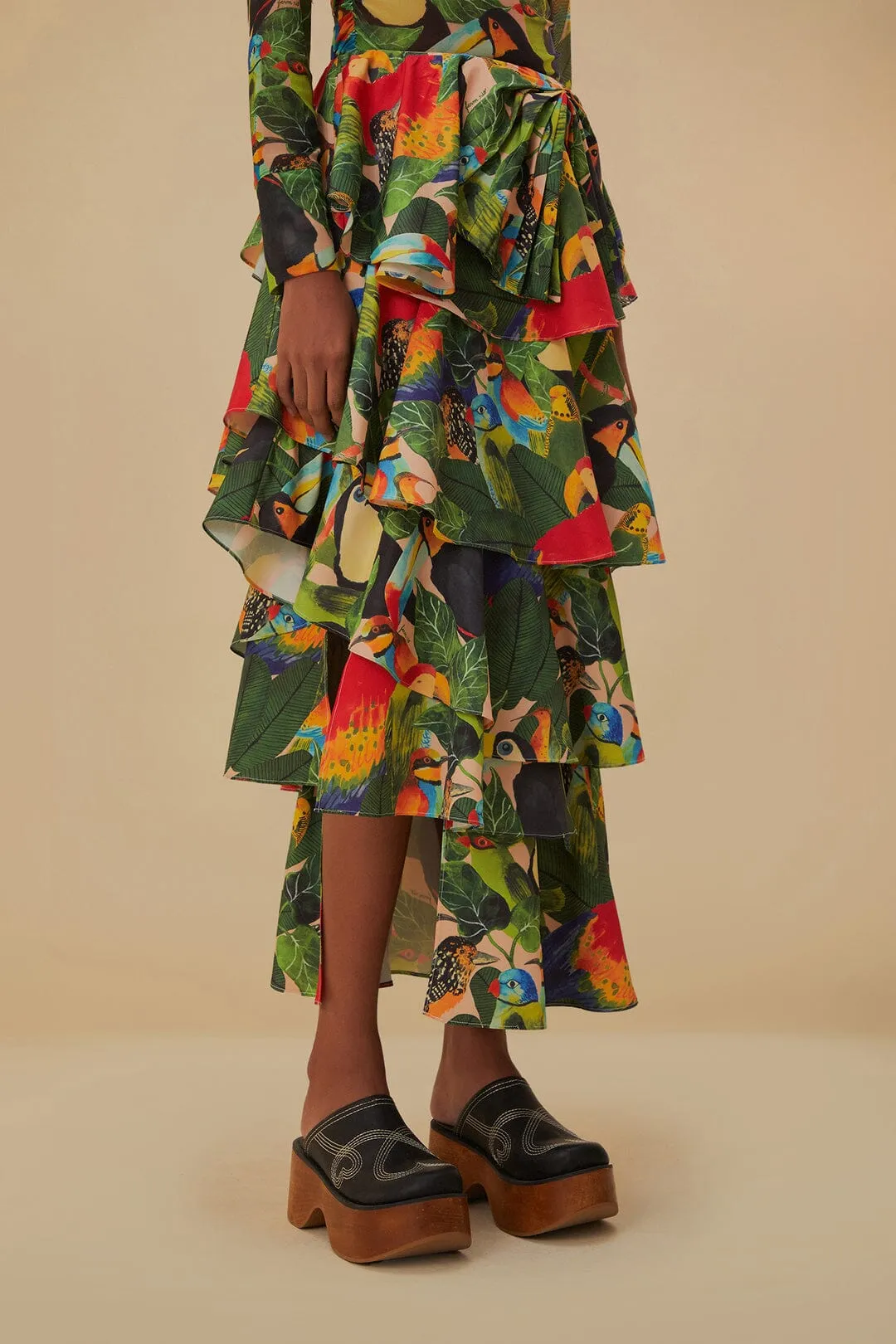 Bird Leaves Sand Tiered Bow Detail Maxi Skirt