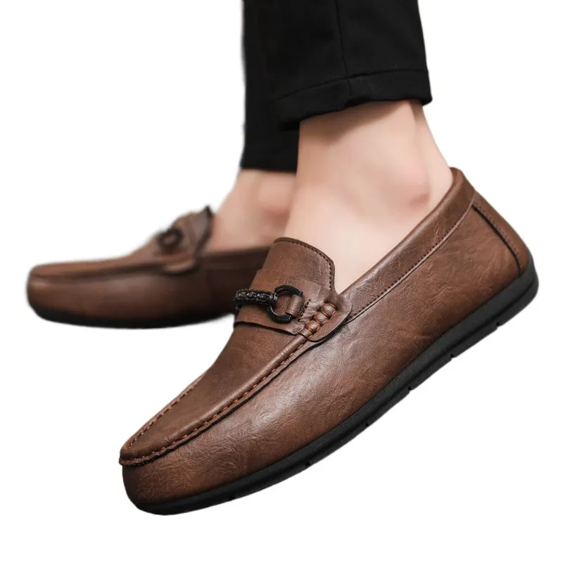 Wear-resistant business summer 2024 black handmade men's one-pedal loafer beanie small leather shoes breathable casual work